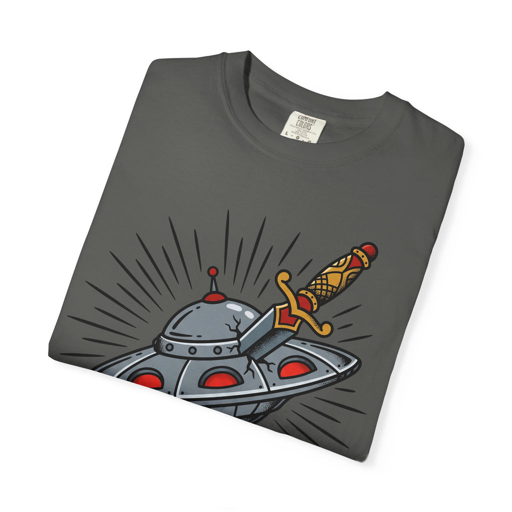Dark gray T-shirt with cartoon UFO and dagger illustration across the front