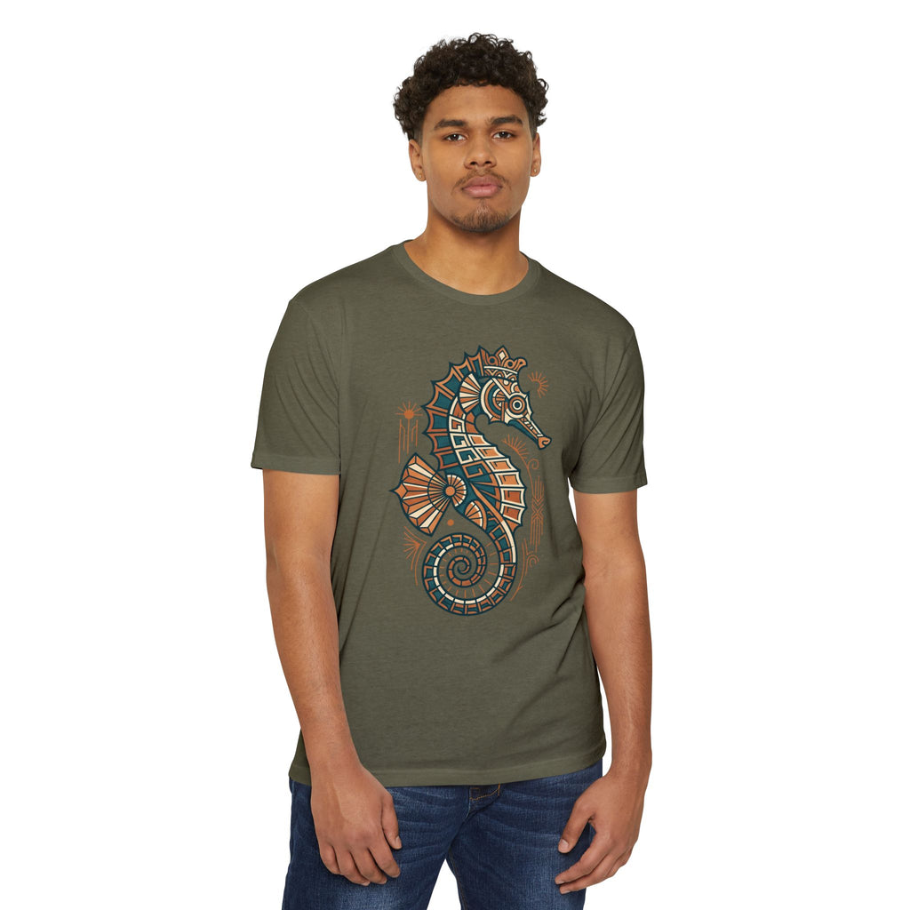 Olive unisex T-shirt with colorful seahorse mosaic graphic on the chest