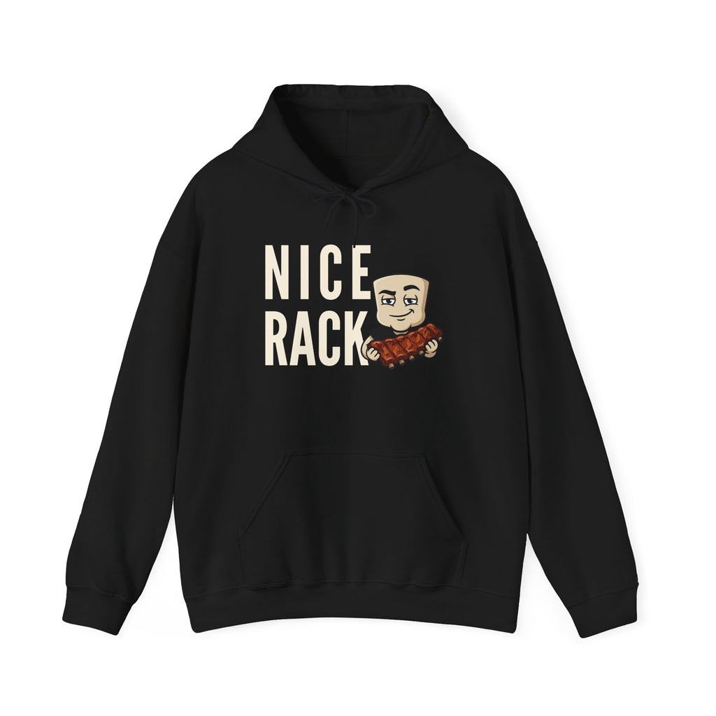 Black hoodie with kangaroo pocket, drawstring hood, and bold rib graphic on chest.