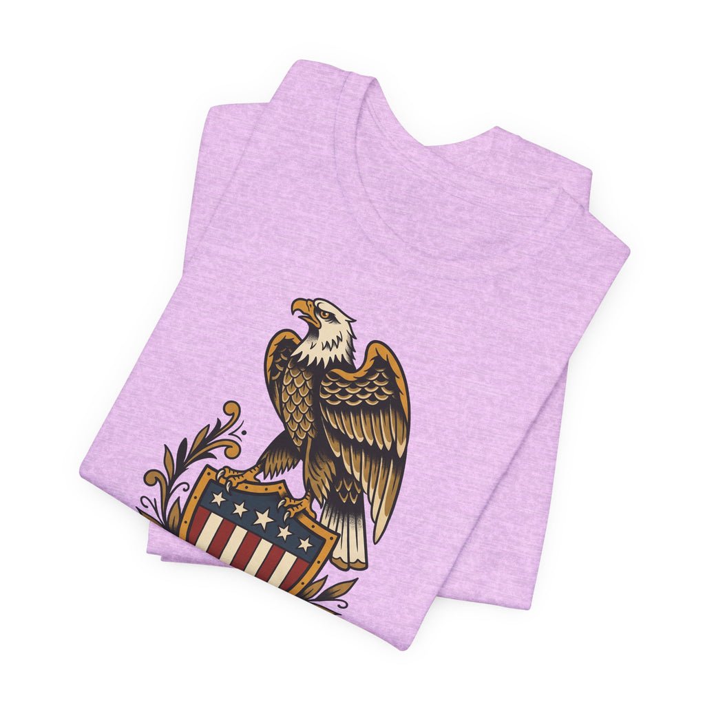 Light pink T-shirt with eagle and shield patriotic graphic at center