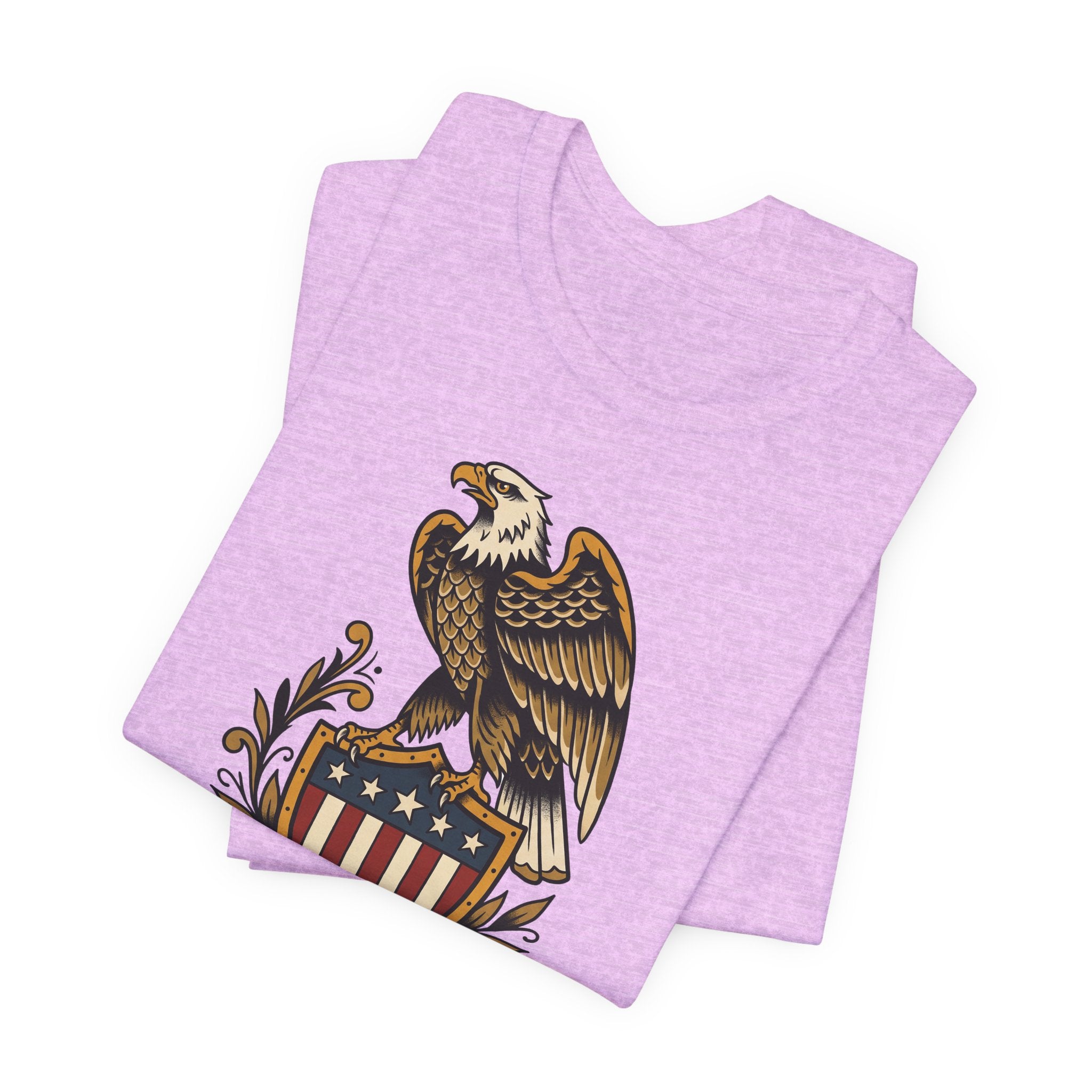 Light pink T-shirt with eagle and shield patriotic graphic at center