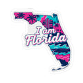 I am Florida sticker with colorful Florida map, palm trees, and white border