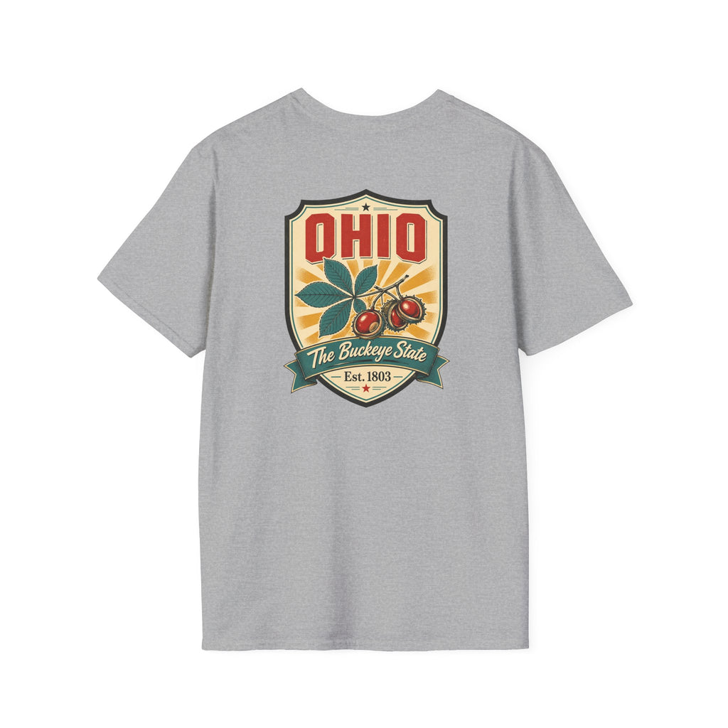 Light gray Ohio souvenir T-shirt with large Ohio crest graphic on the chest