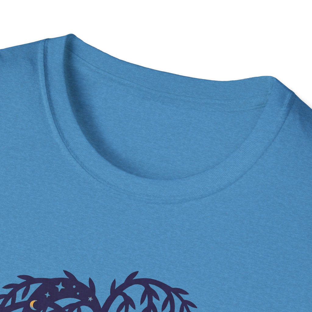 Blue crew-neck T-shirt with dark owl-and-willow graphic