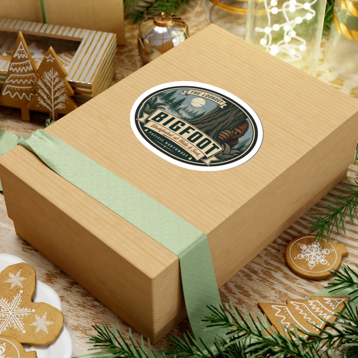 Round kiss-cut Bigfoot outdoor logo vinyl sticker on tan gift box with green ribbon