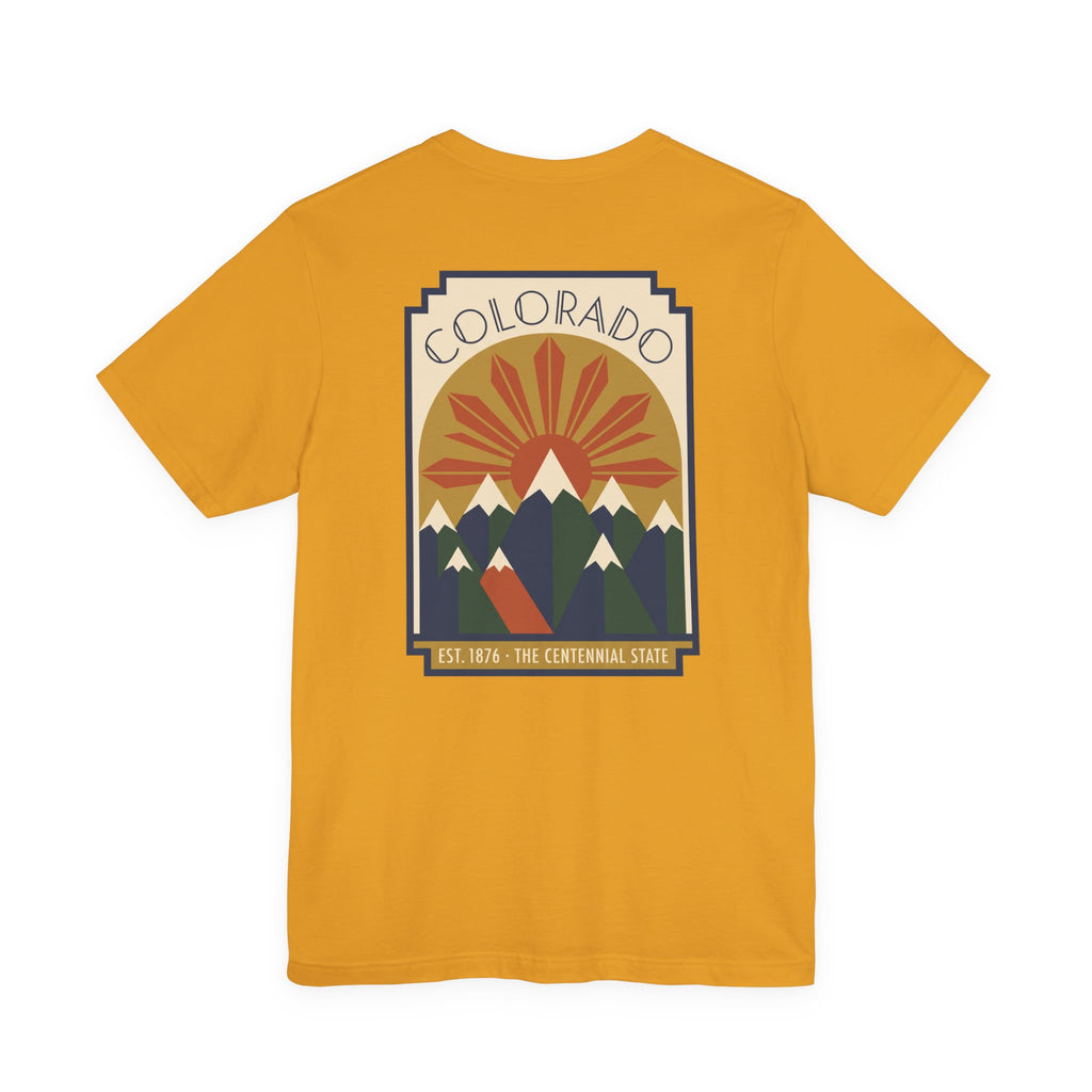 Mustard yellow T-shirt with Colorado sunset mountain graphic front print