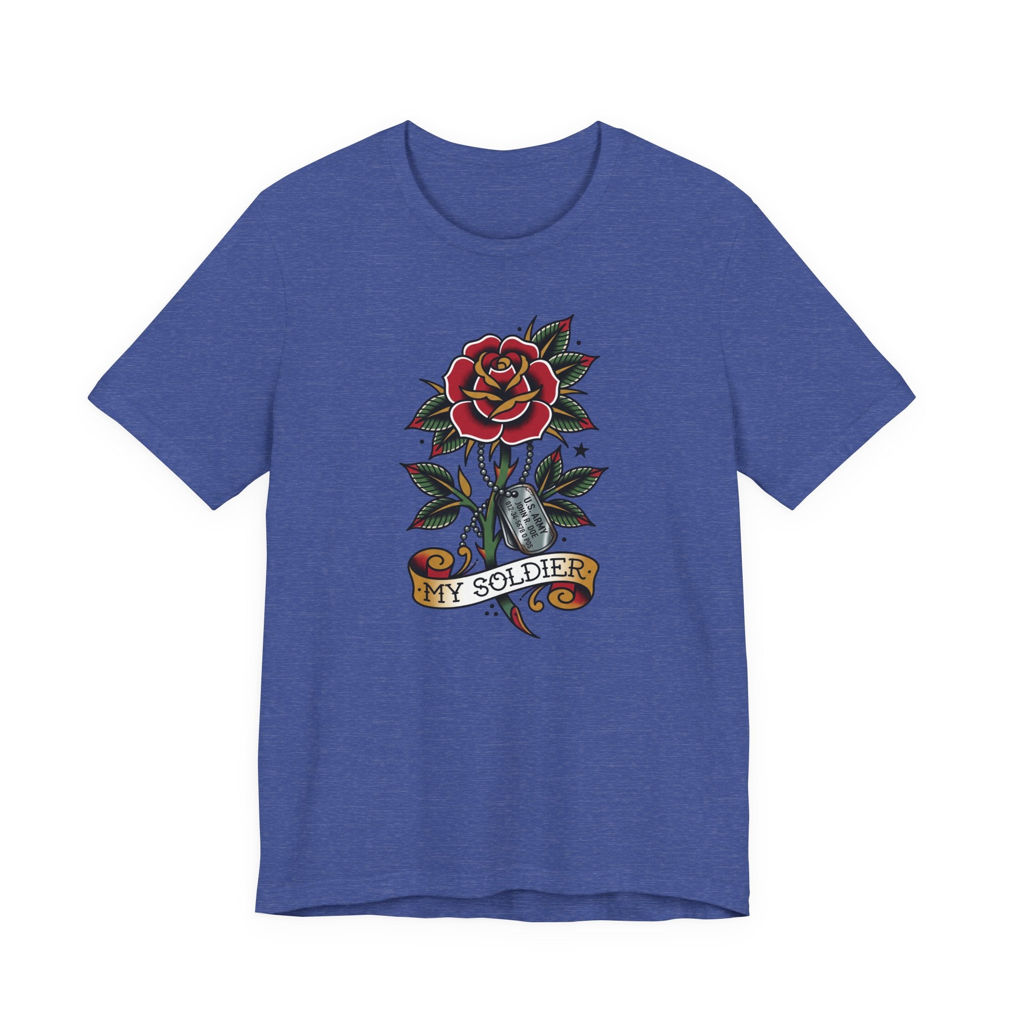 Blue T-shirt with rose and dog tag graphic reading “MY SOLDIER”