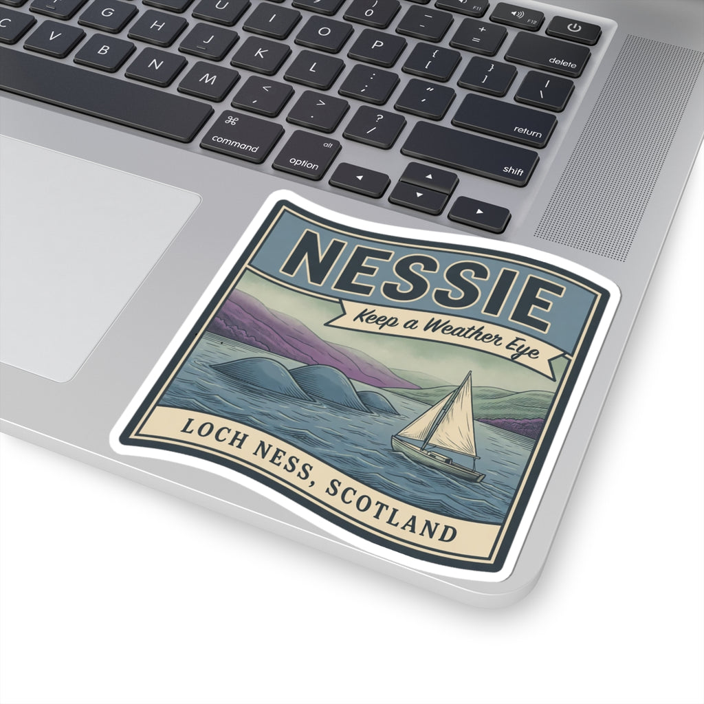 Square Loch Ness Scotland sticker on a laptop screen area with Nessie and sailboat scene