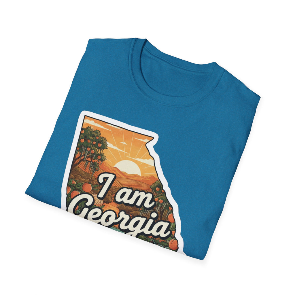 I Am Georgia T-shirt in teal blue with “I am Georgia” map illustration front