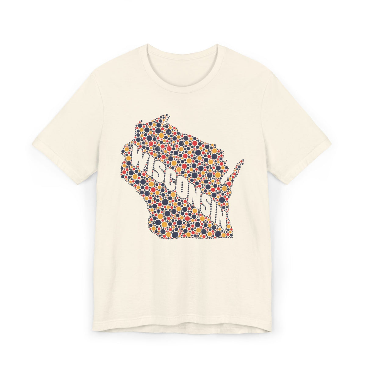 Cream Wisconsin map graphic t-shirt with colorful floral dot design