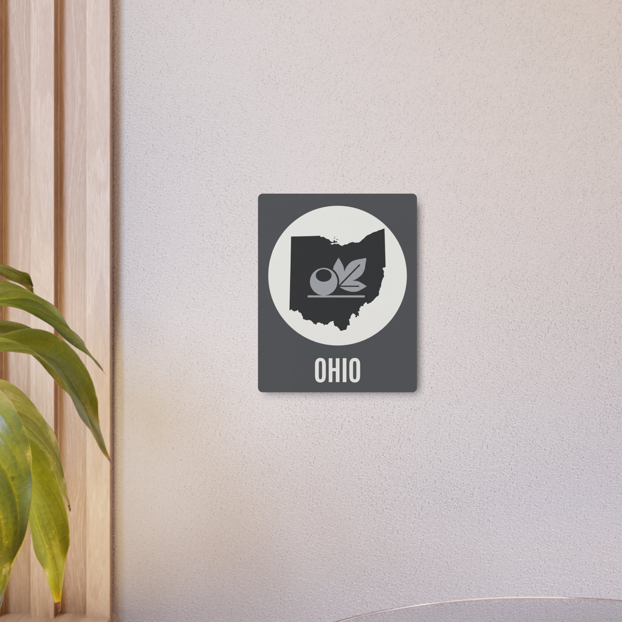 Small Ohio metal wall decor sign on wall, dark gray square with circular emblem and “OHIO”.