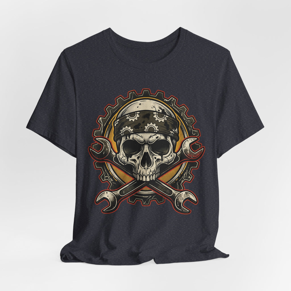 Dark Grey Heather T-shirt front print: biker skull with crossed wrenches emblem