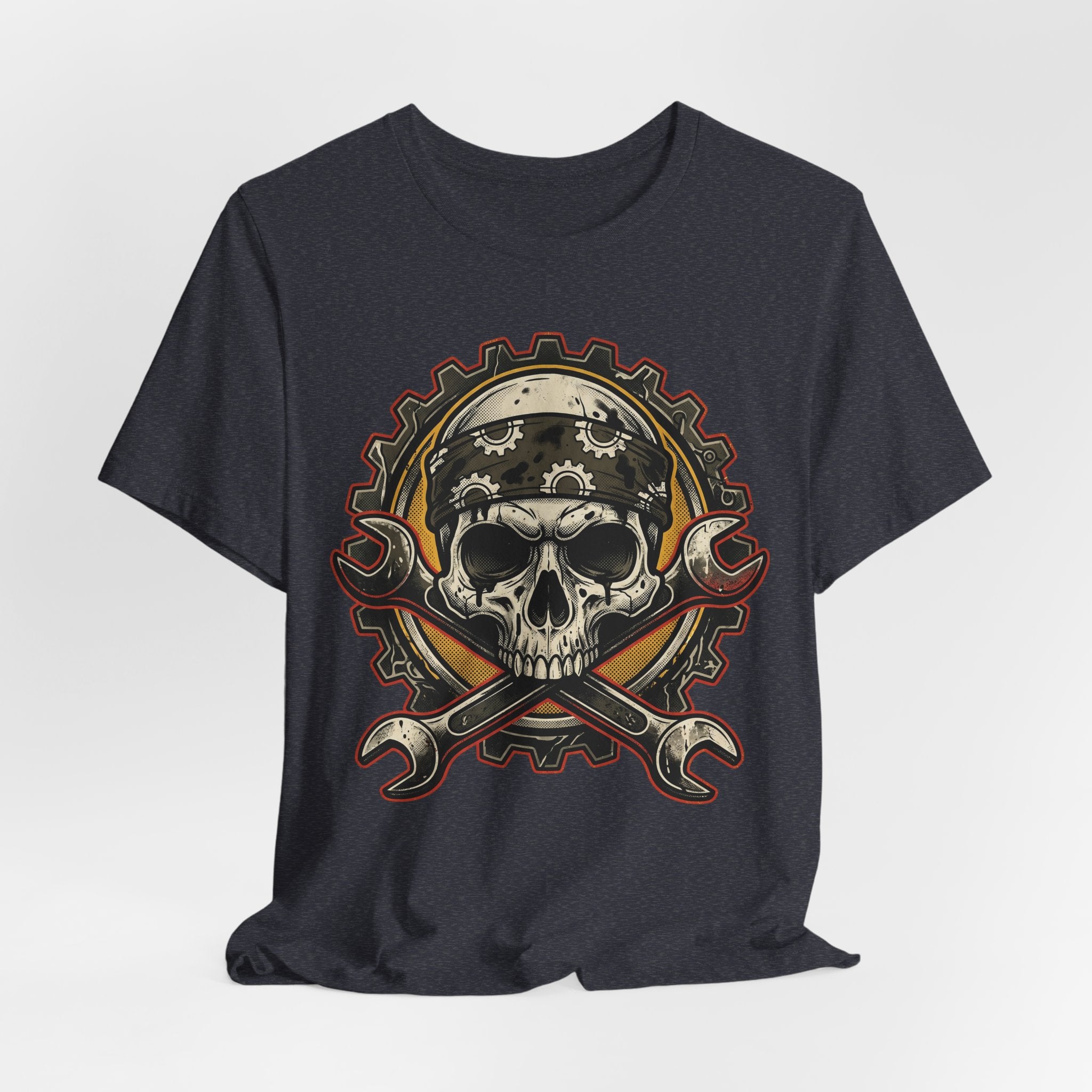 Dark Grey Heather T-shirt front print: biker skull with crossed wrenches emblem