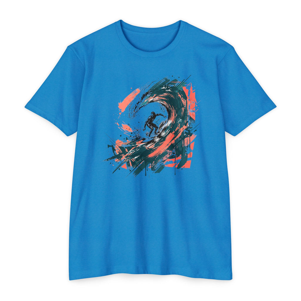 Unisex T-shirt in bright blue with abstract surfer wave paintbrush graphic on front.