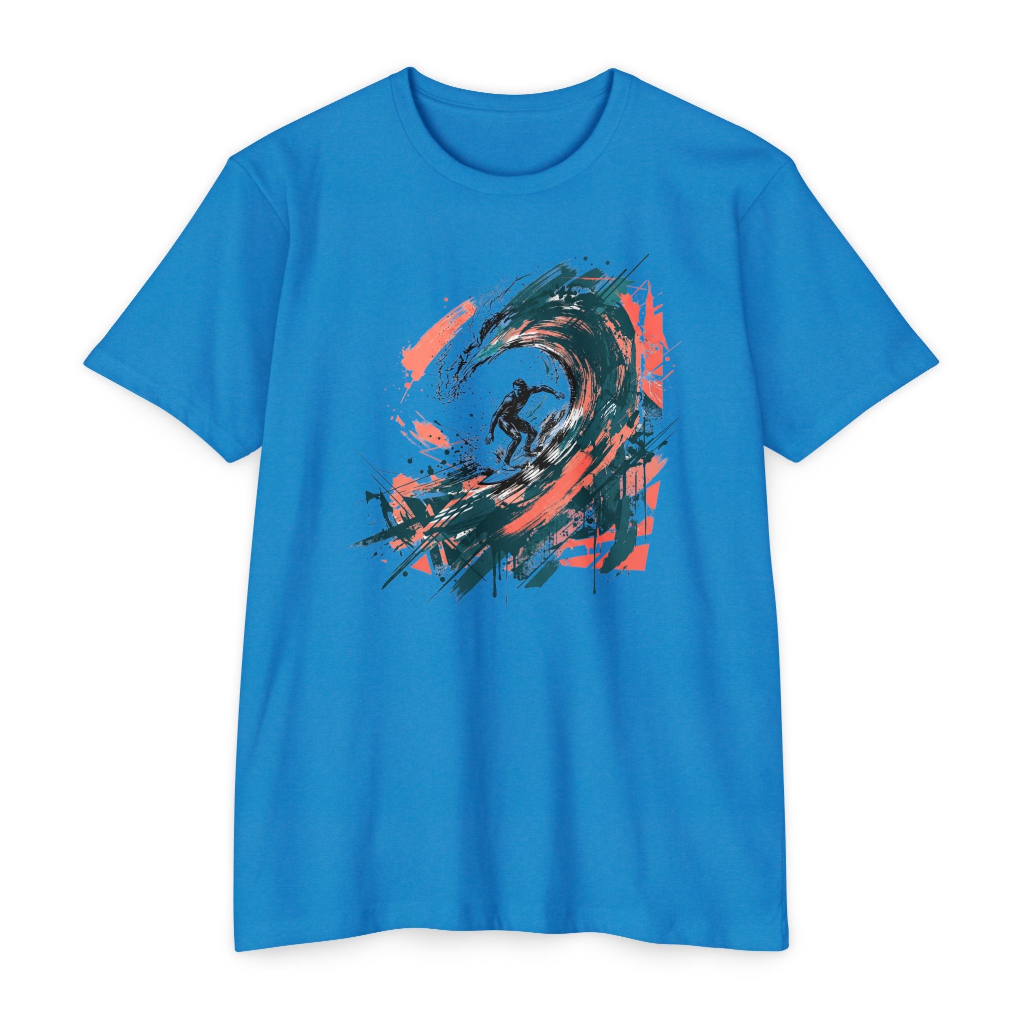 Unisex T-shirt in bright blue with abstract surfer wave paintbrush graphic on front.