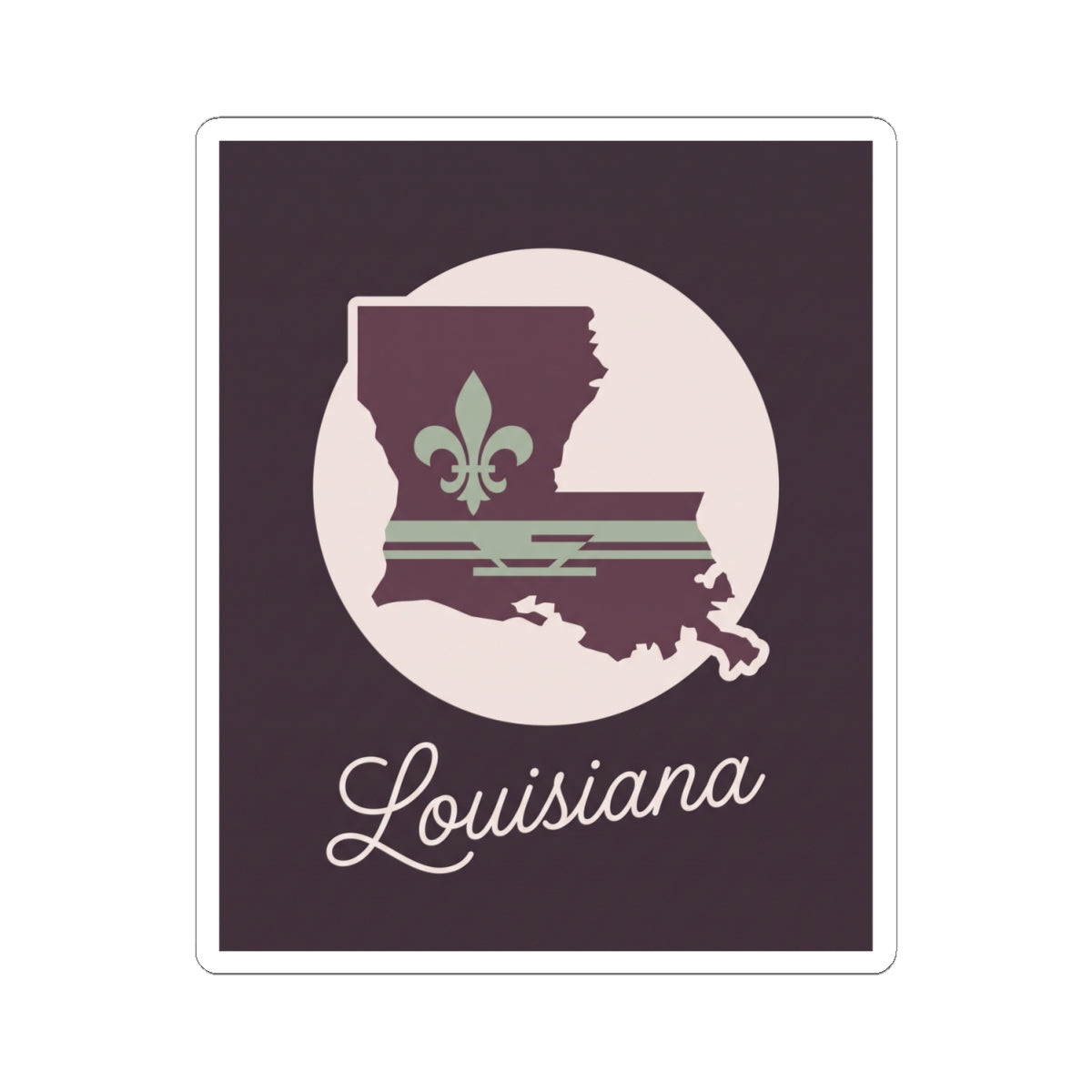 Square mauve Louisiana silhouette vinyl decal with white circular emblem and cursive text