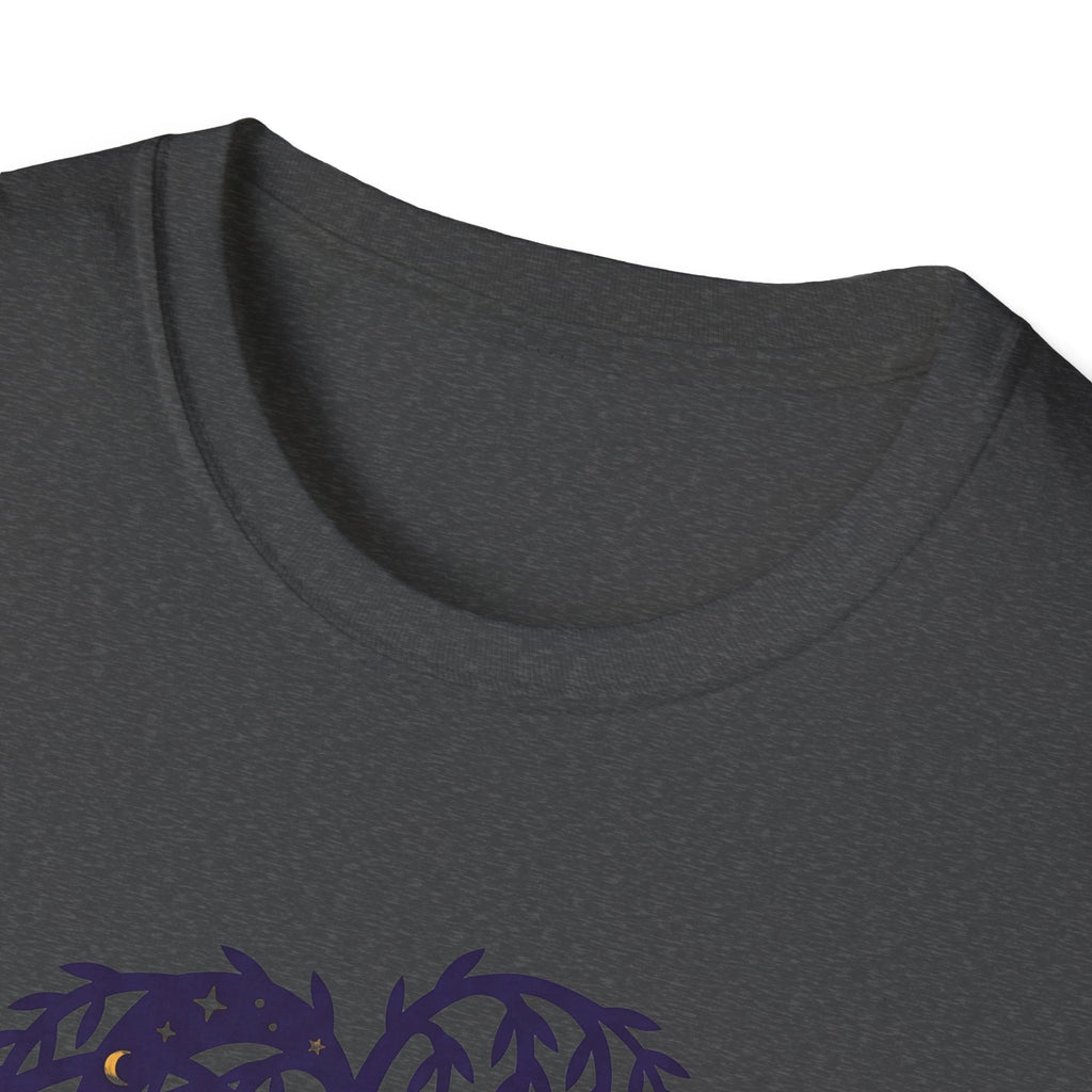 Dark gray T-shirt neckline with partial owl-and-willow graphic