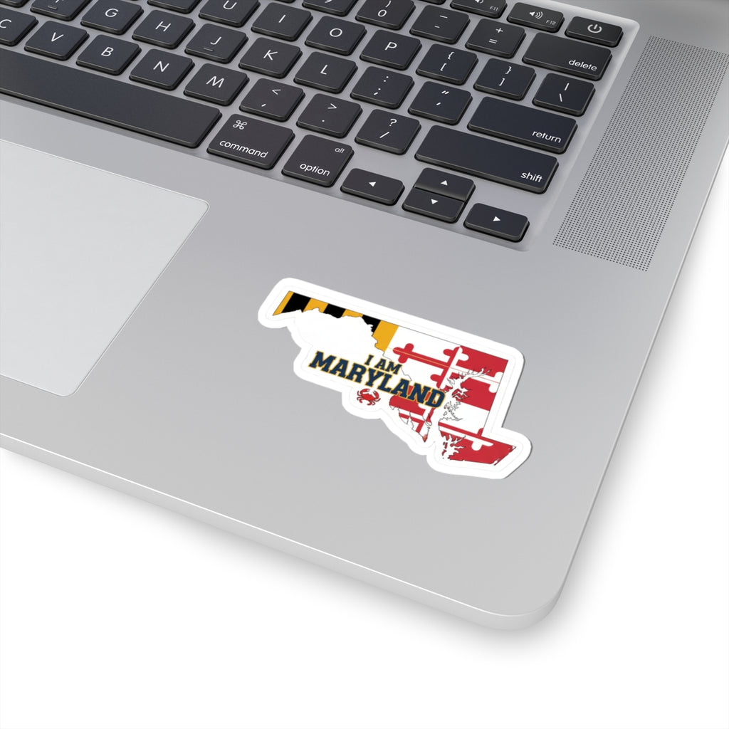 I AM MARYLAND sticker, die-cut outline with Maryland flag colors and big 'MARYLAND' text