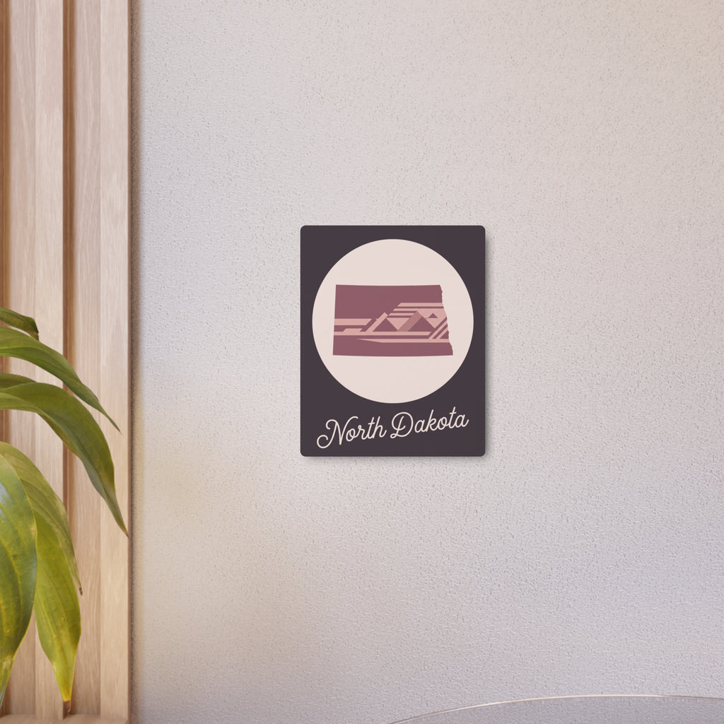 Small North Dakota metal wall art sign with mauve graphic and cursive 'North Dakota' lettering