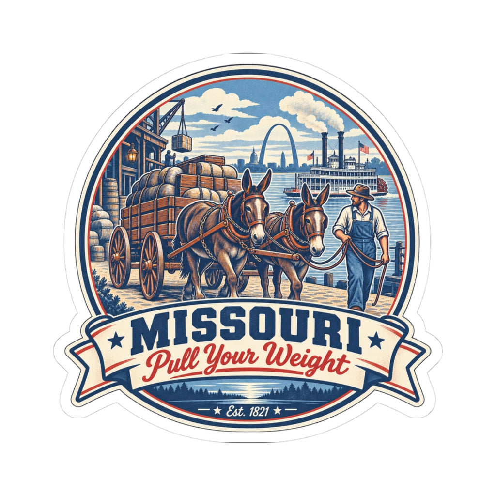 Missouri vintage mule wagon sticker with “Pull Your Weight” ribbon and state text
