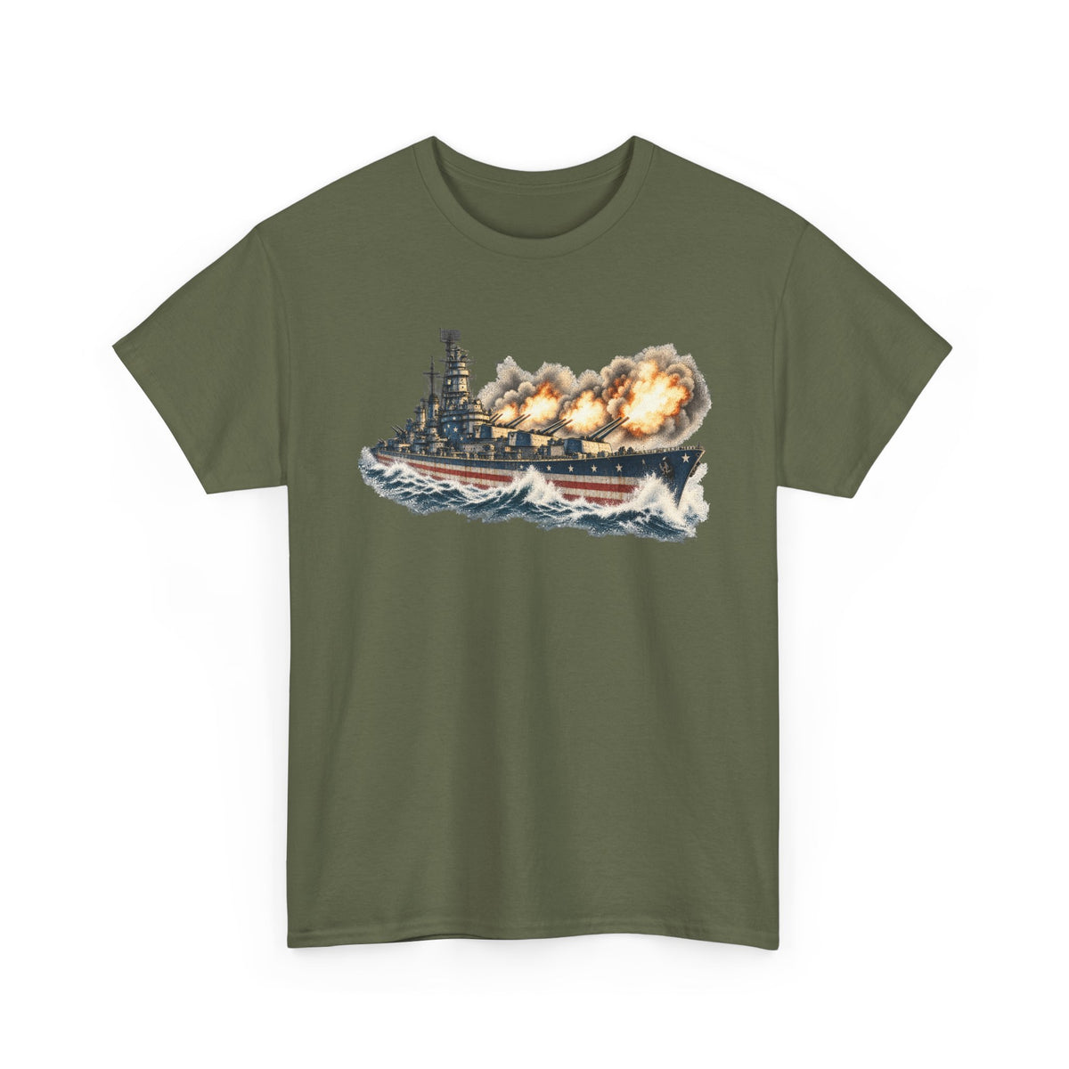 Green crew-neck T-shirt with battleship firing broadside graphic on front