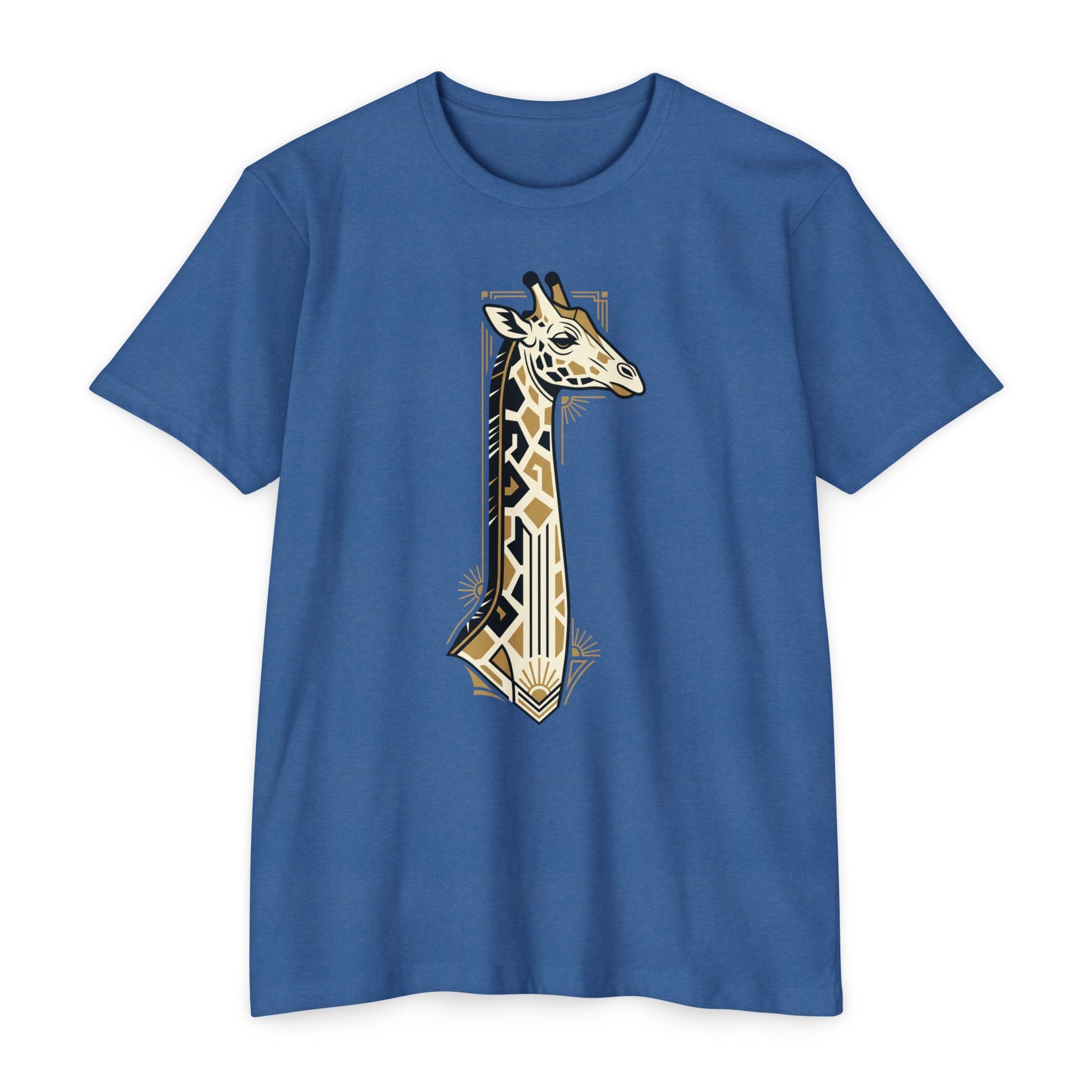 Blue giraffe graphic T-shirt with Art Deco geometric badge print
