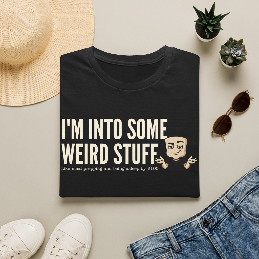 Black crew-neck T-shirt with "I'm into some weird stuff" meme graphic