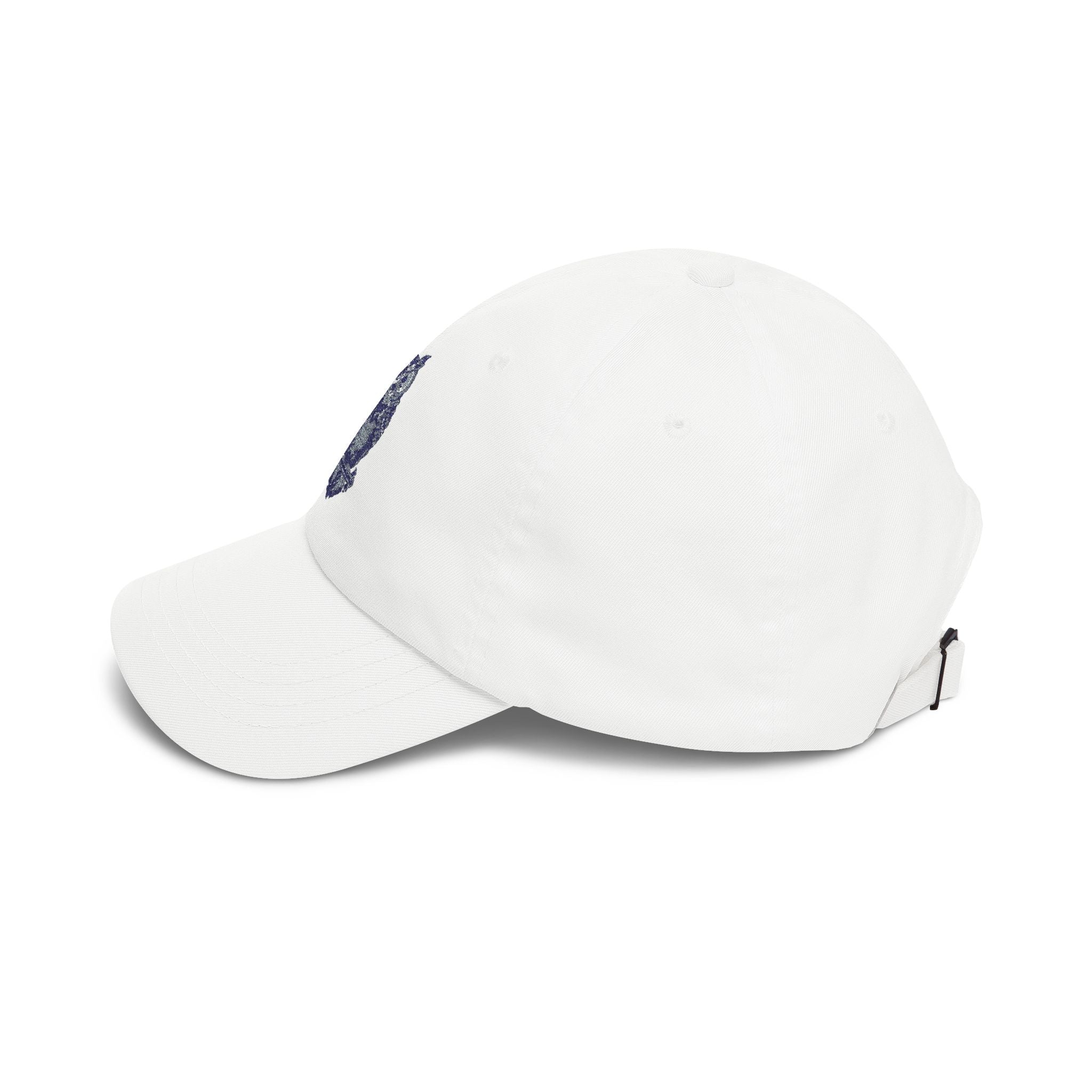 White baseball cap with embroidered owl patch and back strap hardware