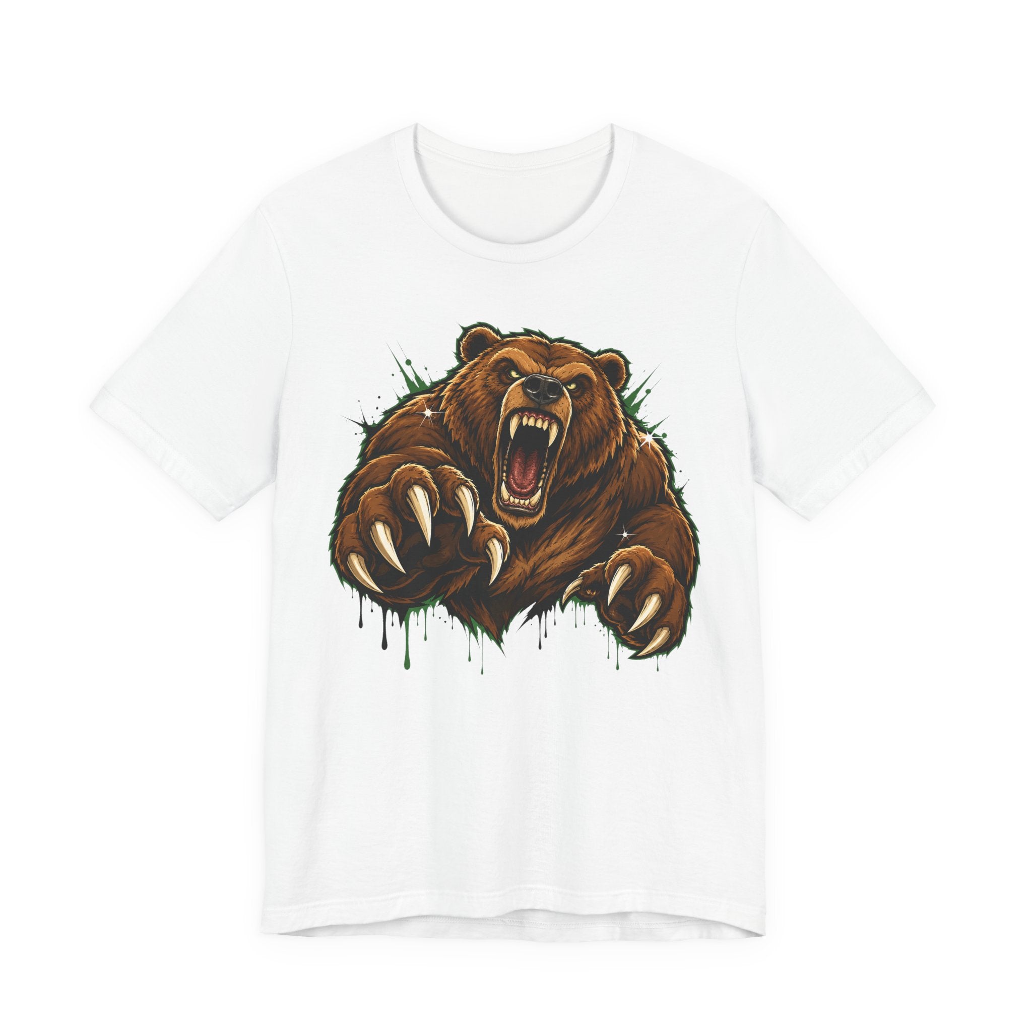 White unisex tee with roaring grizzly bear graphic and claw splash detail