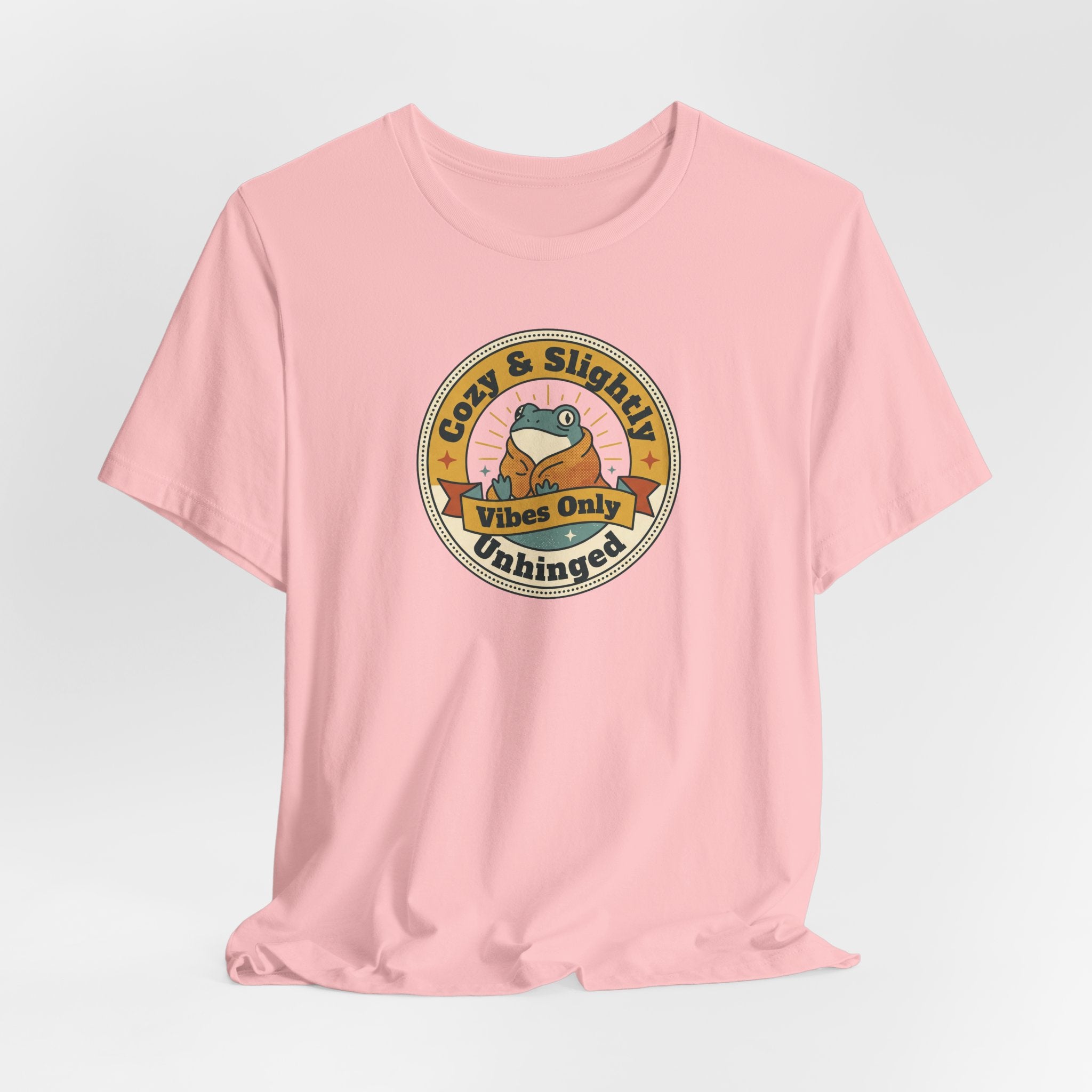 Pink crewneck t-shirt with centered circular sloth logo graphic