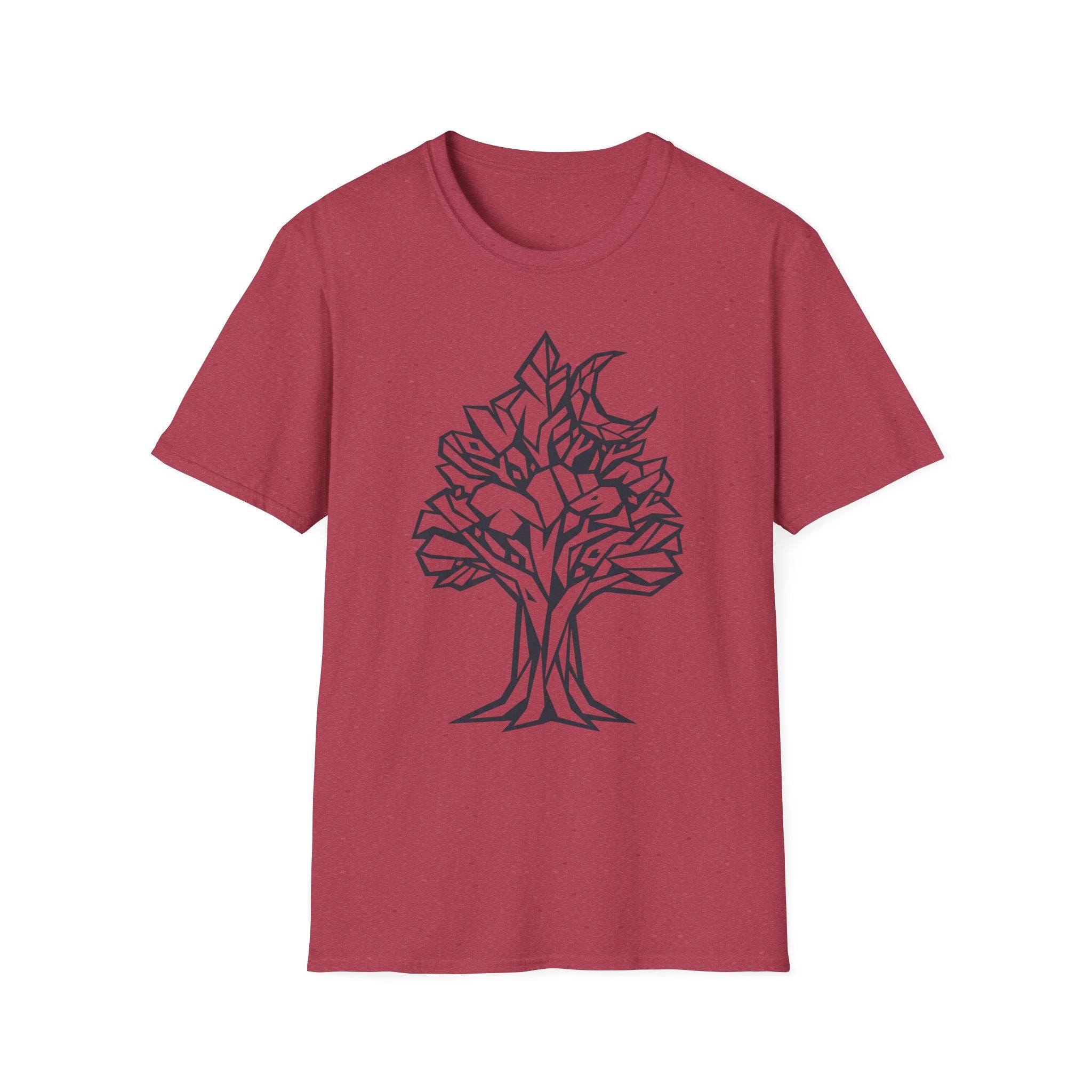 Burgundy T-shirt with geometric tree moon botanical line art graphic on chest