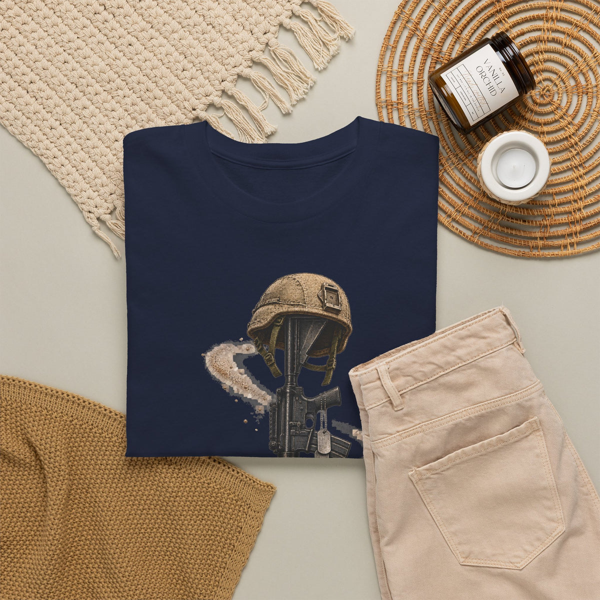 Navy crew-neck T-shirt with helmeted soldier graphic on front