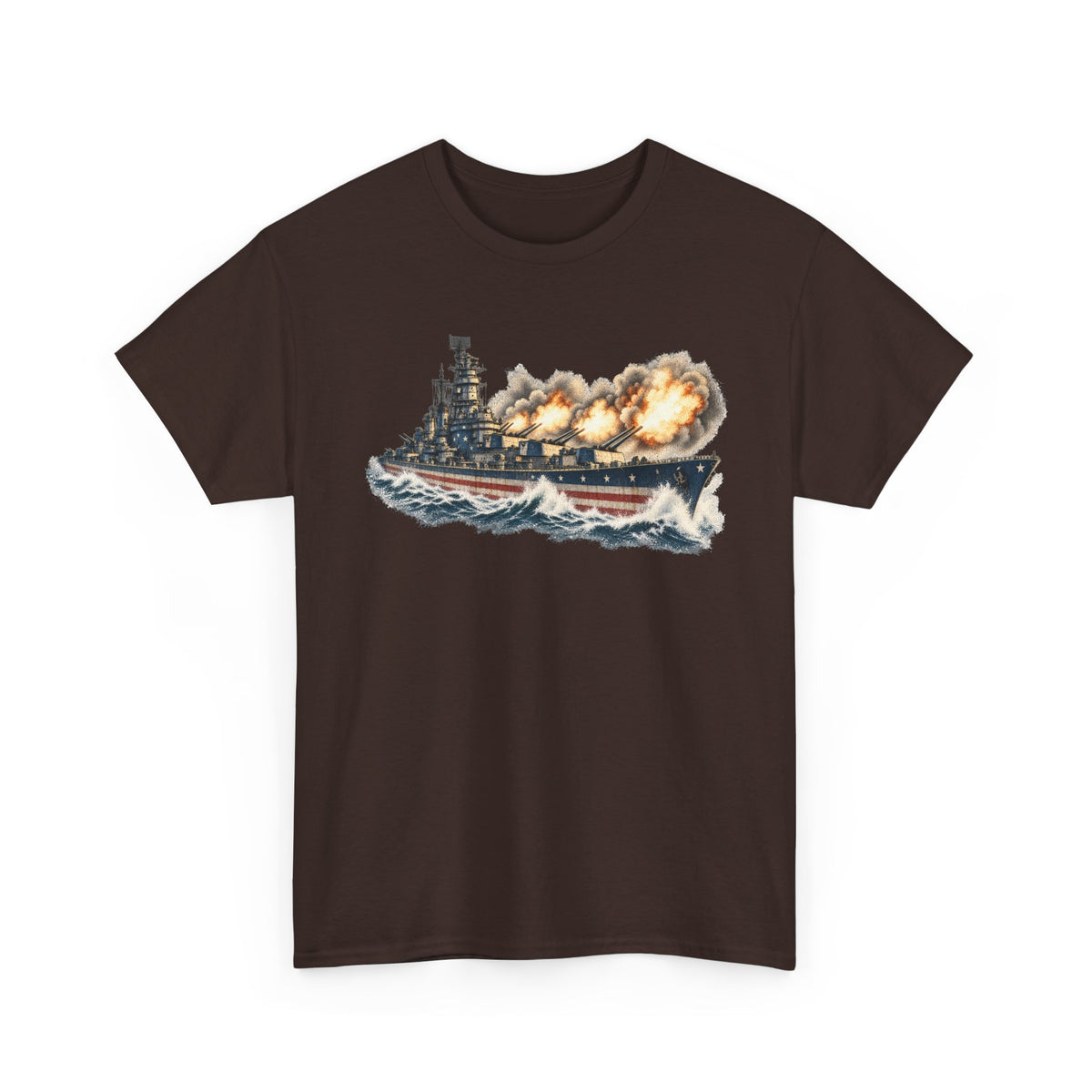 Dark brown crew-neck T-shirt with battleship broadside graphic across chest