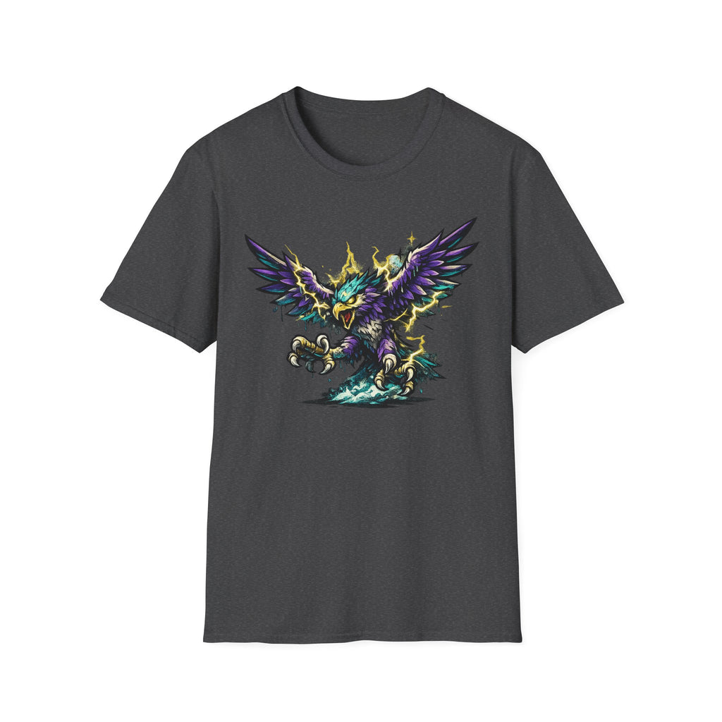 Charcoal crew-neck T-shirt with colorful lightning bird graphic on the chest