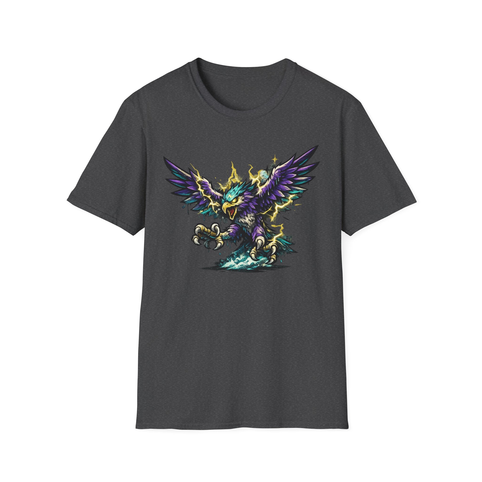 Charcoal crew-neck T-shirt with colorful lightning bird graphic on the chest
