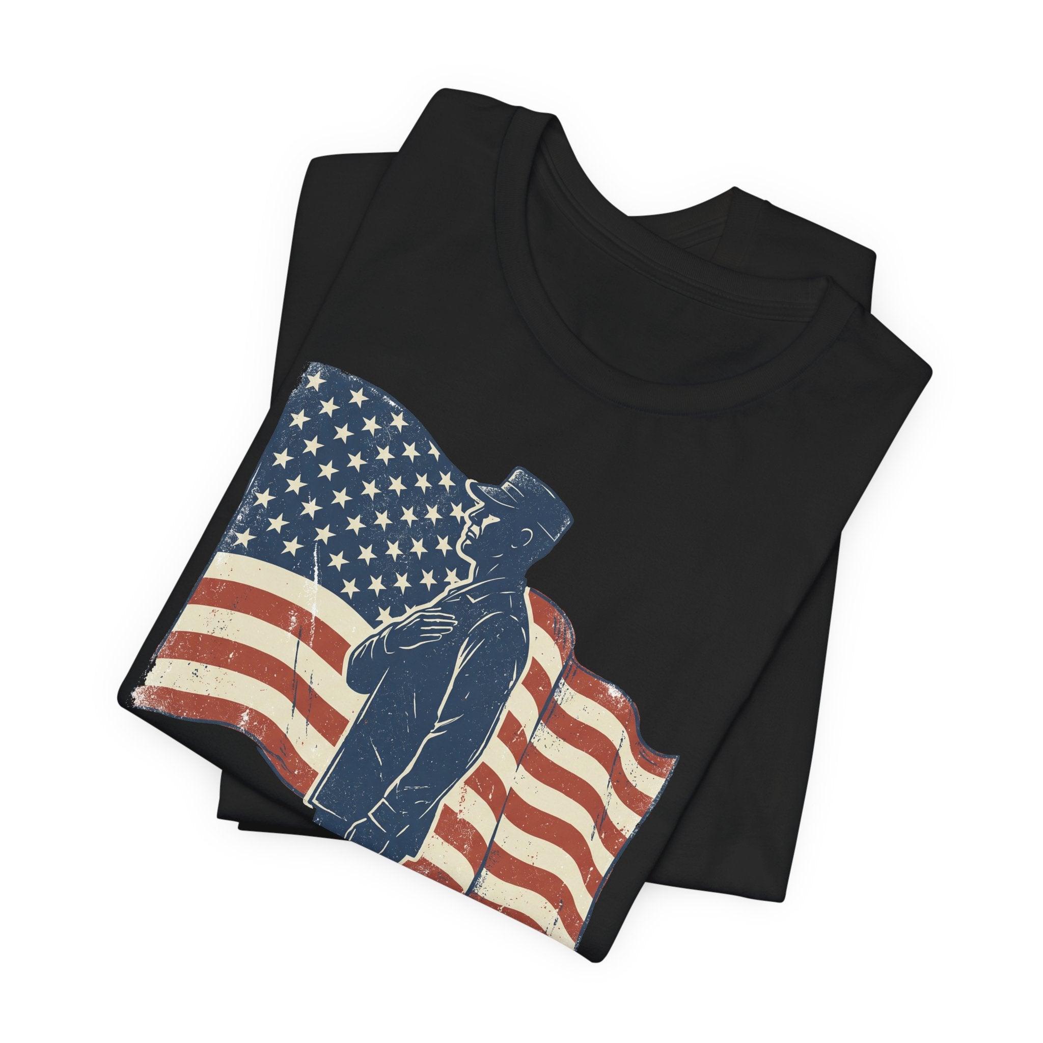 Black crewneck T-shirt with saluting soldier and American flag graphic