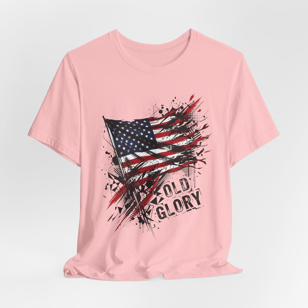Pink T-shirt with distressed American flag and “Old Glory” text on chest