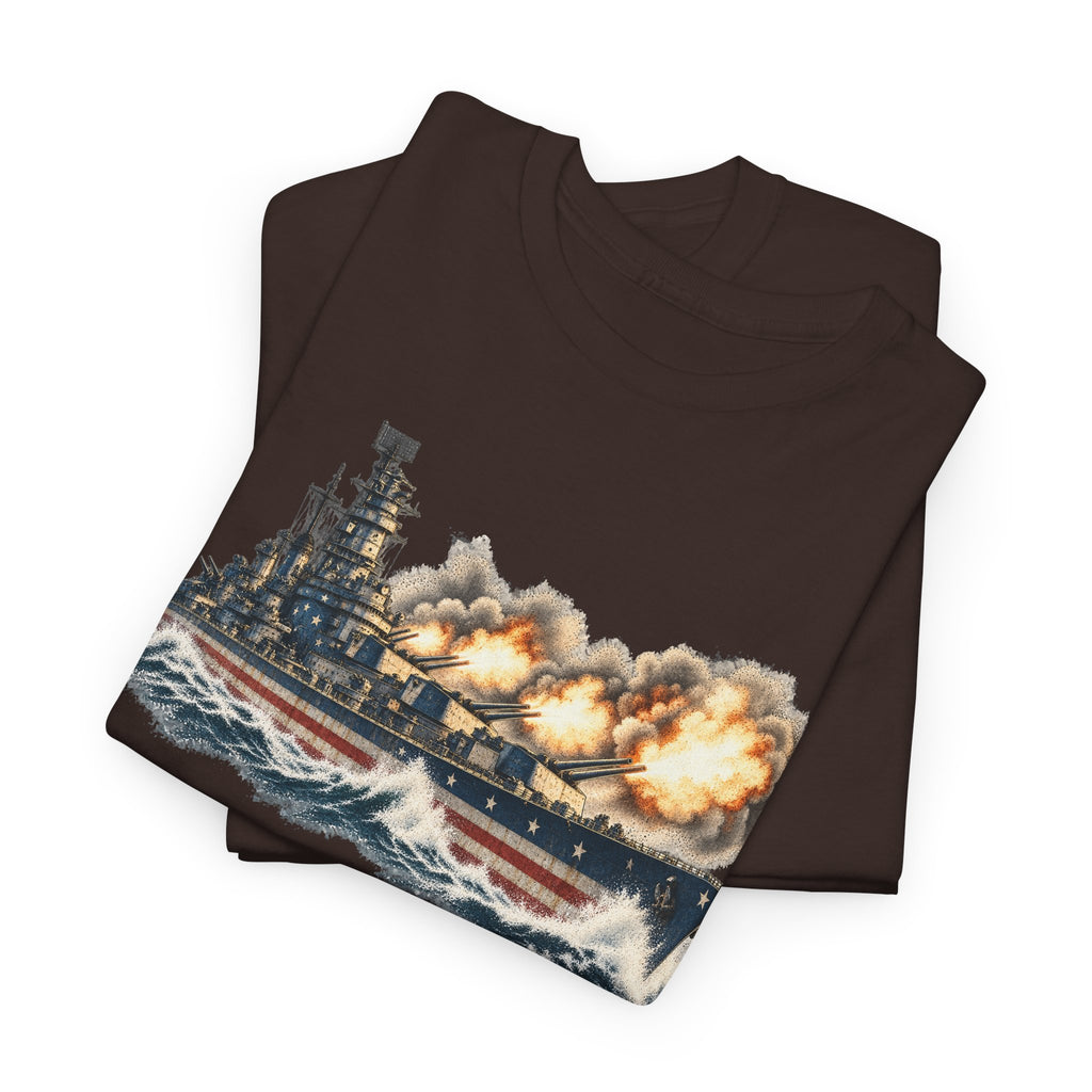 Dark brown crew-neck T-shirt with battleship graphic and explosions