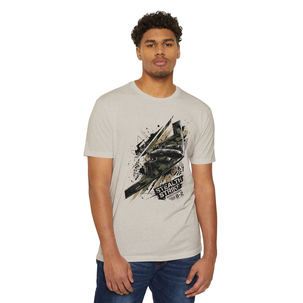 Light cream bomber T-shirt with B-2 aircraft graphic on front