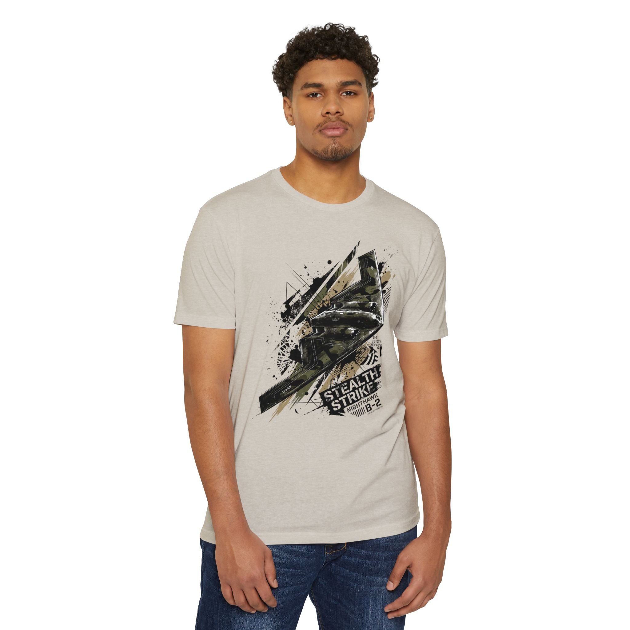 Light cream bomber T-shirt with B-2 aircraft graphic on front