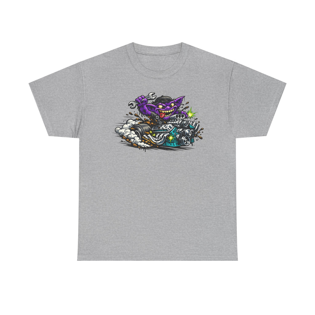 Sport grey biker cat graphic T-shirt with grinning cat on a motorcycle