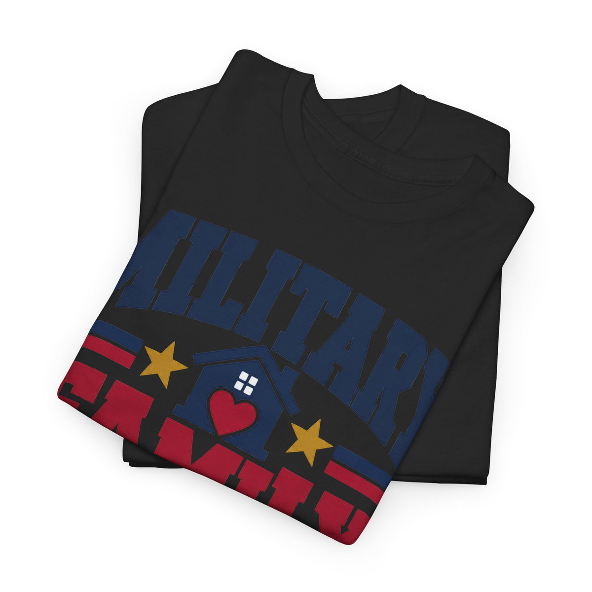 Black unisex crewneck T-shirt with patriotic graphic heart, stars, and flag accents.