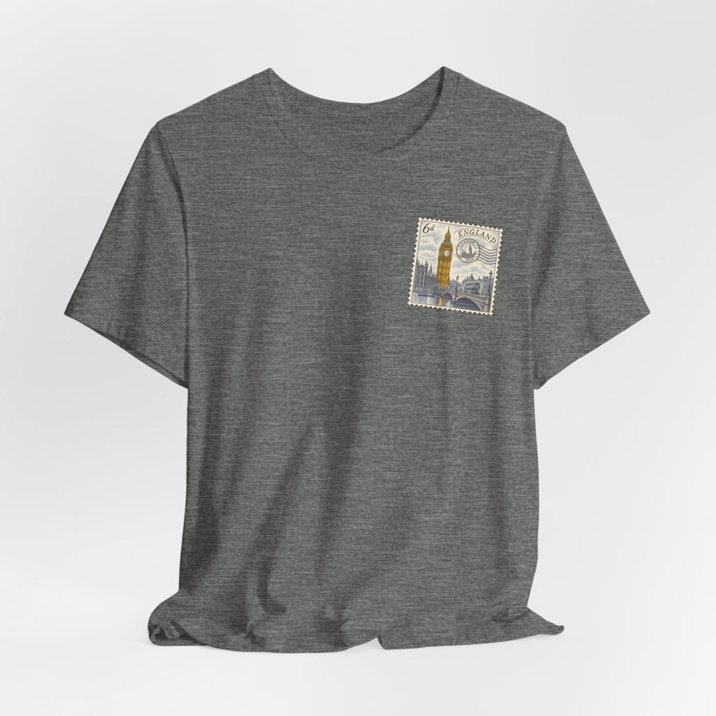 Gray crew-neck T-shirt with postage-stamp graphic on left chest