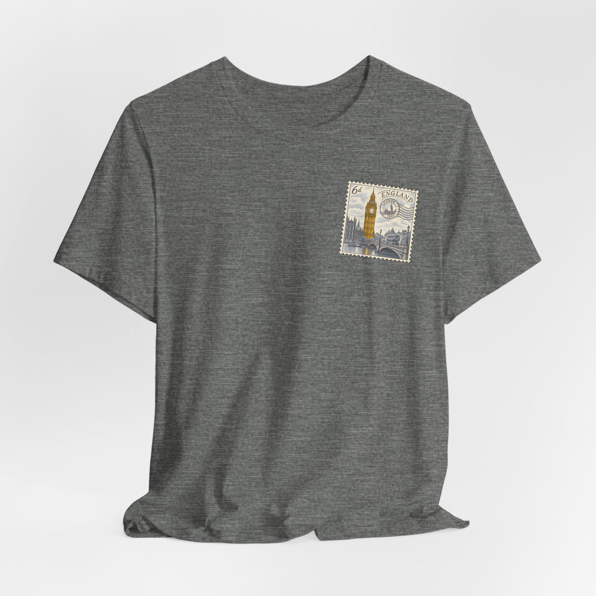 Gray crew-neck T-shirt with postage-stamp graphic on left chest