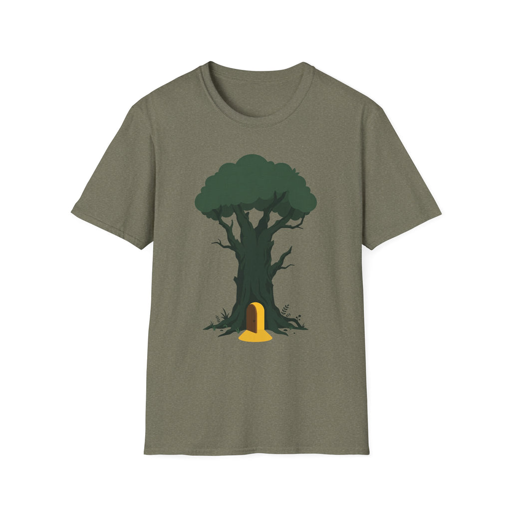 Olive green T-shirt with enchanted tree and yellow door graphic