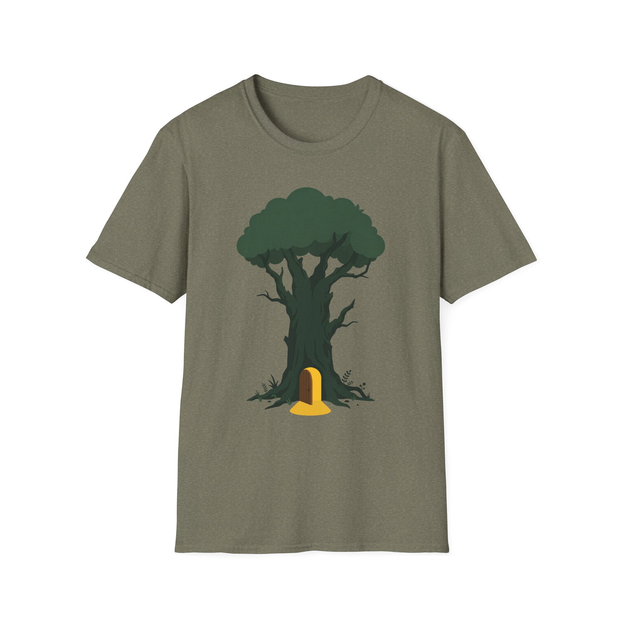 Olive green T-shirt with enchanted tree and yellow door graphic