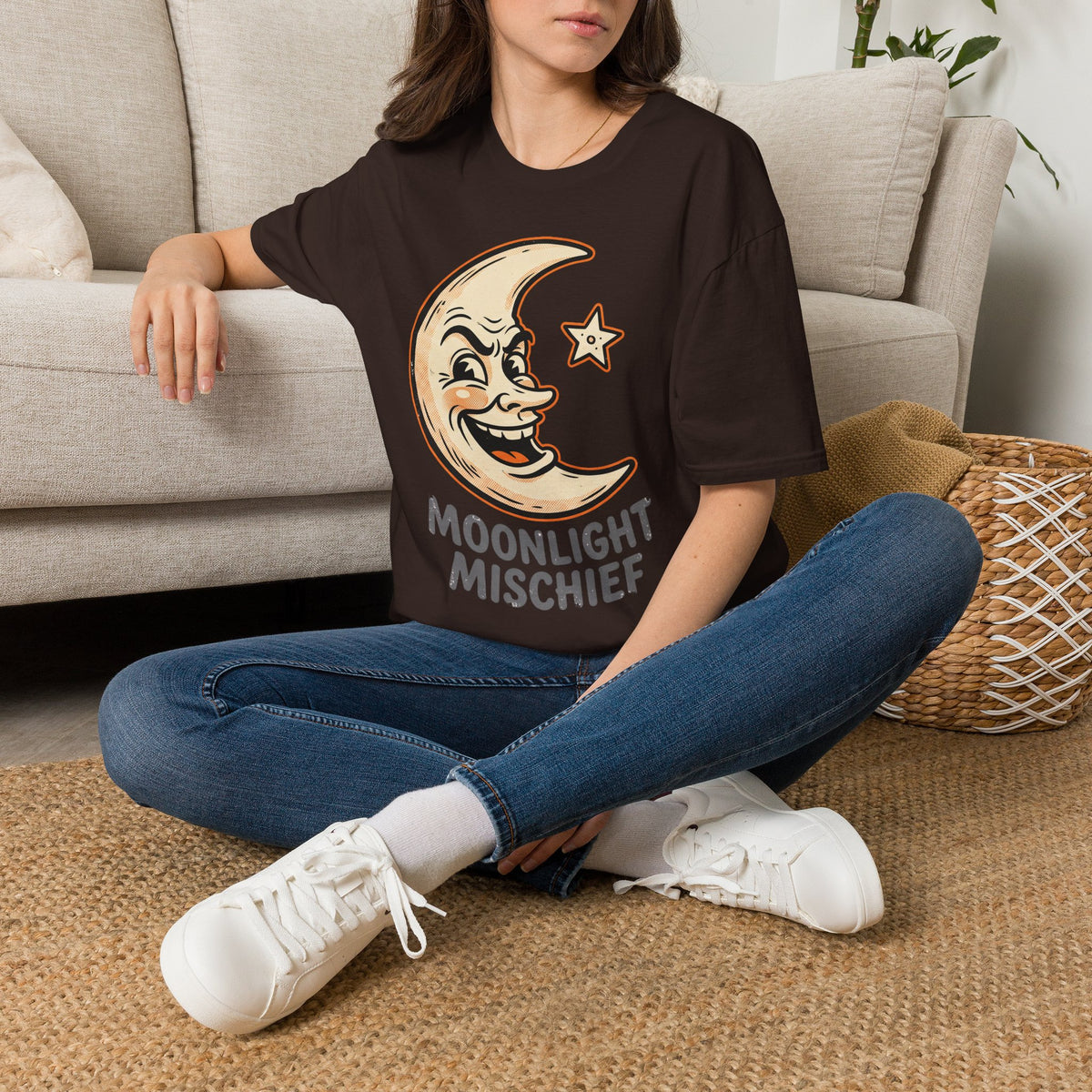 Dark brown T-shirt with cartoon moon face and star graphic, crew neck short sleeves