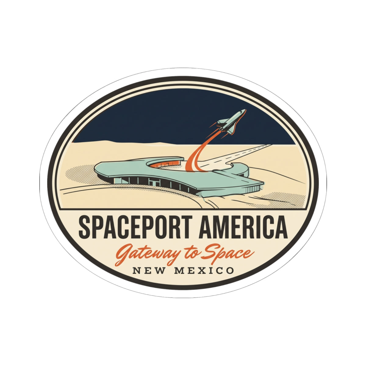 Circular kiss-cut sticker with retro rocket art and “New Mexico” at the bottom