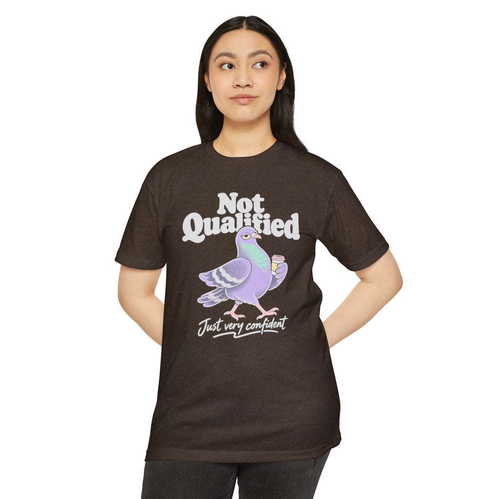 Brown crewneck T-shirt with pigeon graphic and 'Not Qualified' slogan on front
