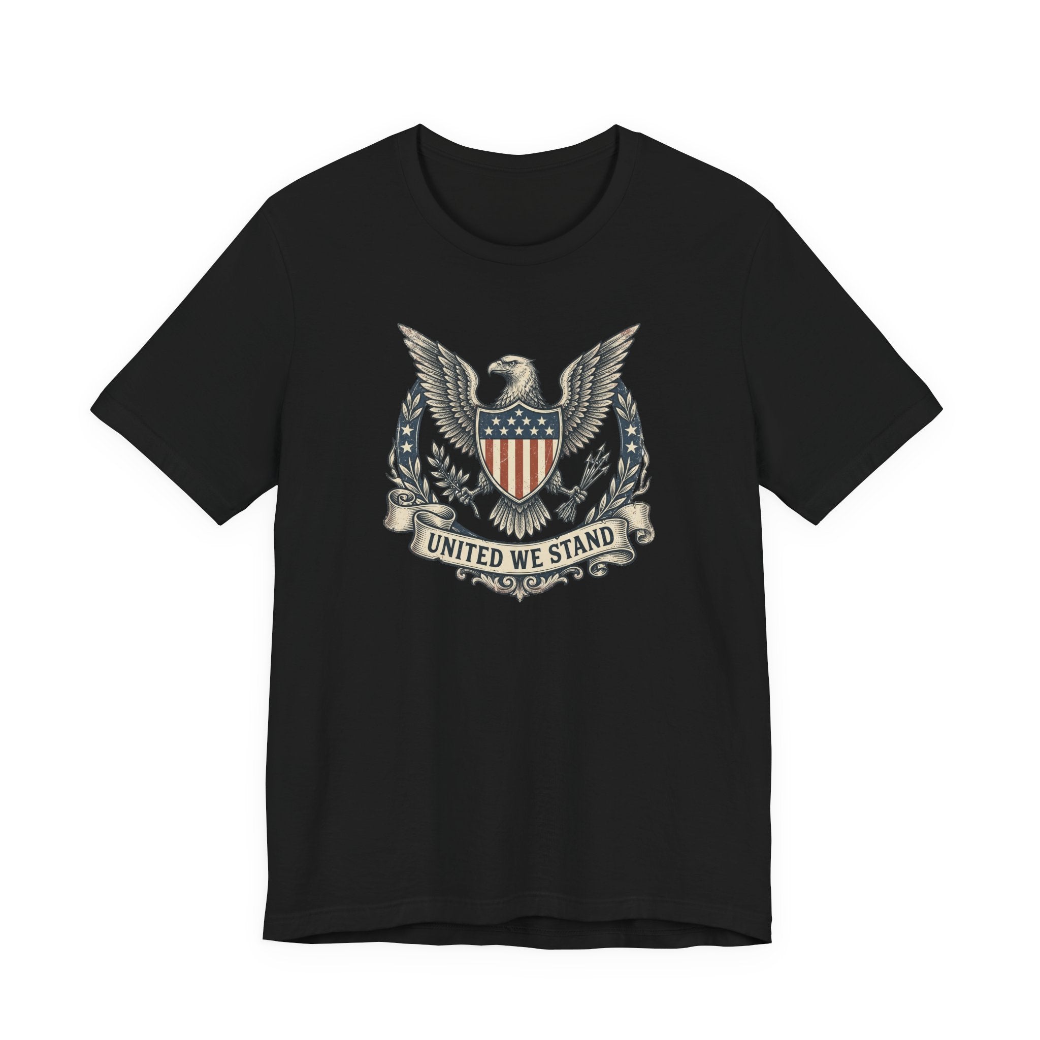Black T-shirt with eagle shield crest graphic and "United We Stand" text